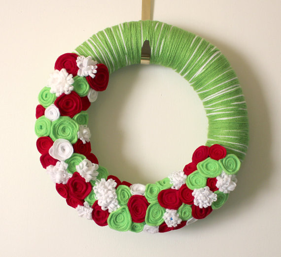 lime green and red yarn wreath