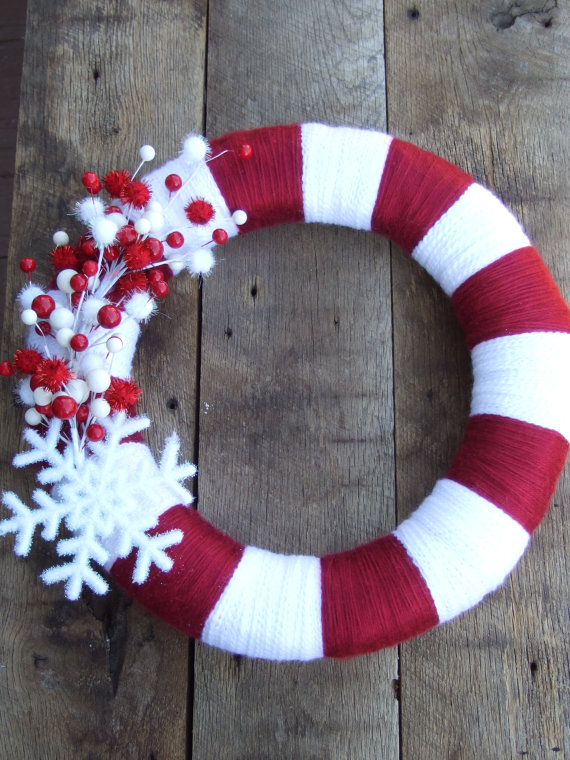 red and white yarn wreath