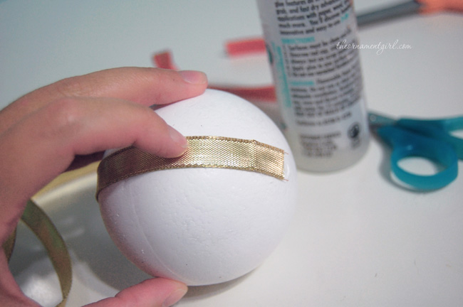 glue ribbon to styrofoam ball