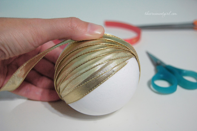 keep covering styrofoam ball with ribbon