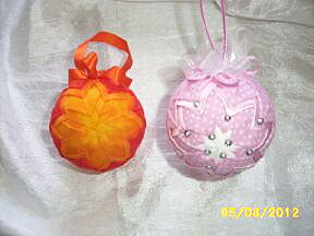 pink and orange quilted ball ornaments