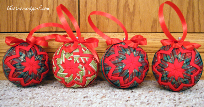 red quilted christmas ornaments