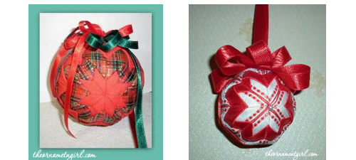 red ribbon quilted christmas ornaments
