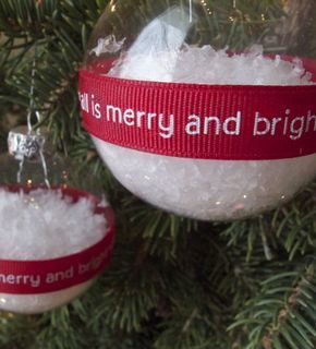 grosgrain ribbon around clear ornament filled with faux snow