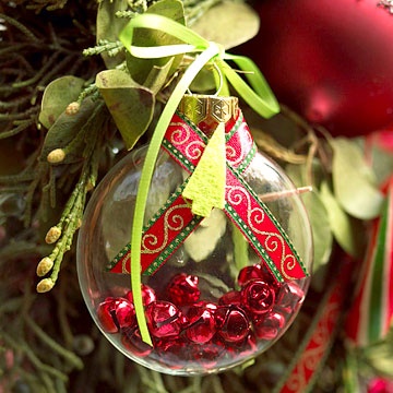 jingle bell filled clear glass ornament