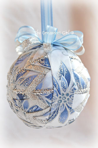 Blue and Silver Christmas Ornament - Poinsettia - Quilted Ball