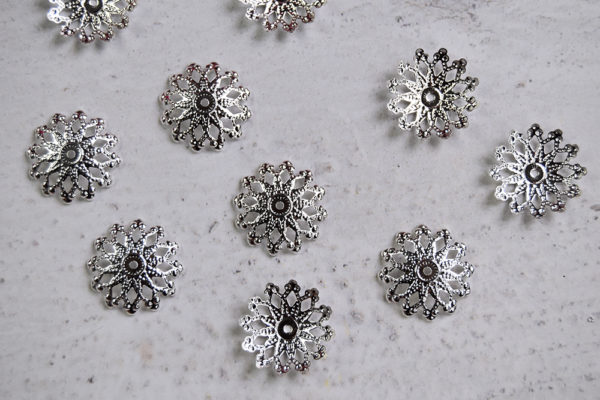 Ornate Bright Silver Filigree Bead Caps – 10 count – The Ornament