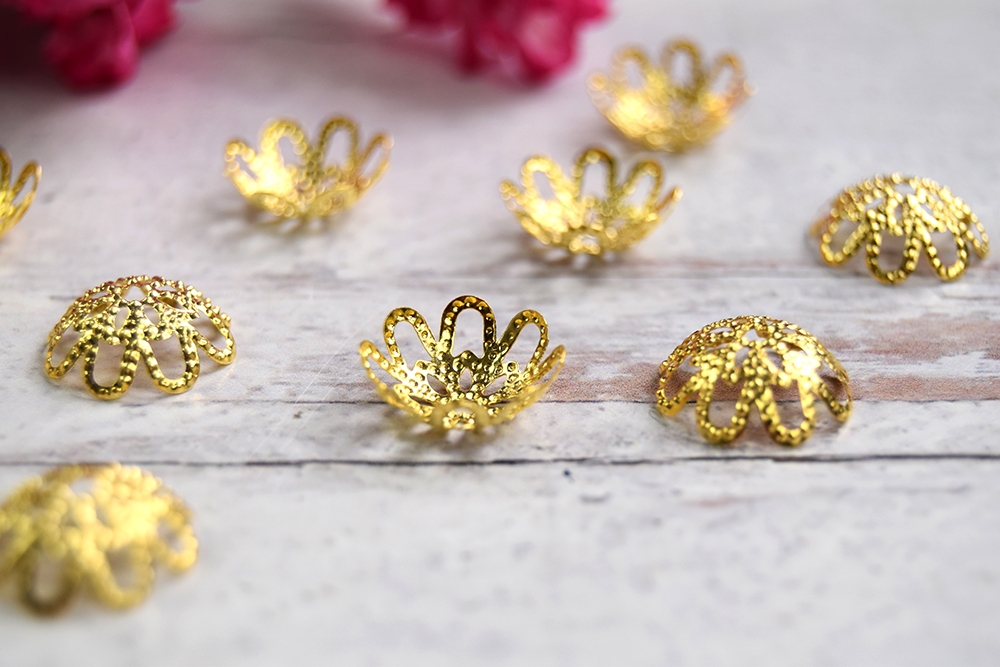 Ornate Gold Filigree Bead Caps - 10 count