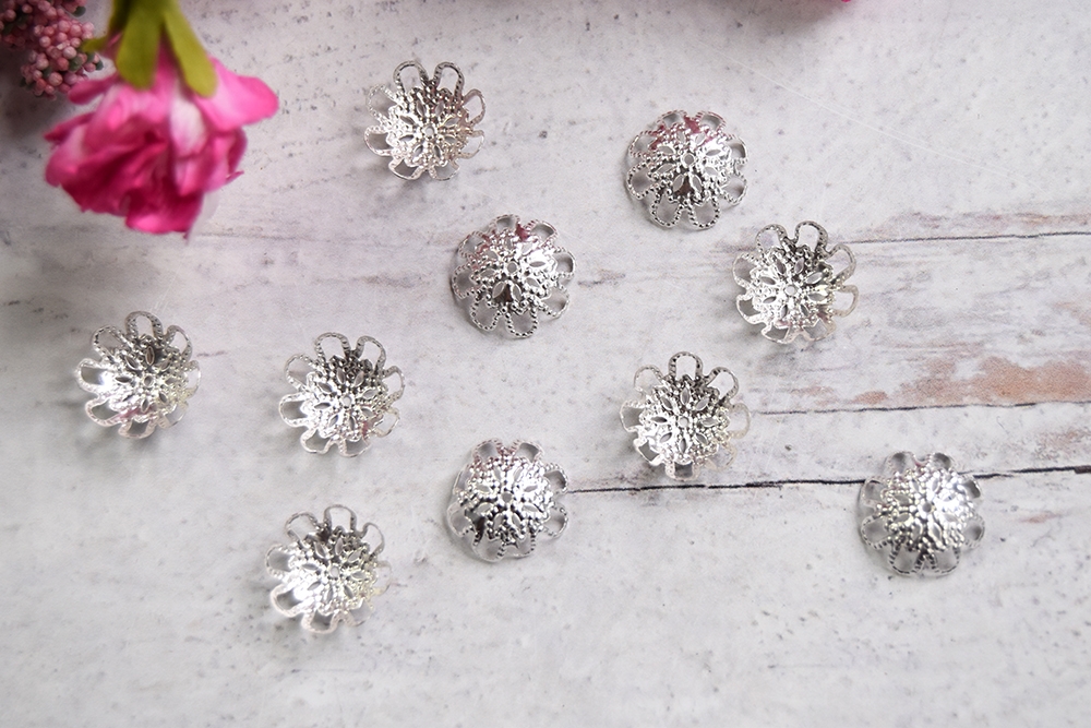 Ornate Bright Silver Filigree Bead Caps – 10 count – The Ornament